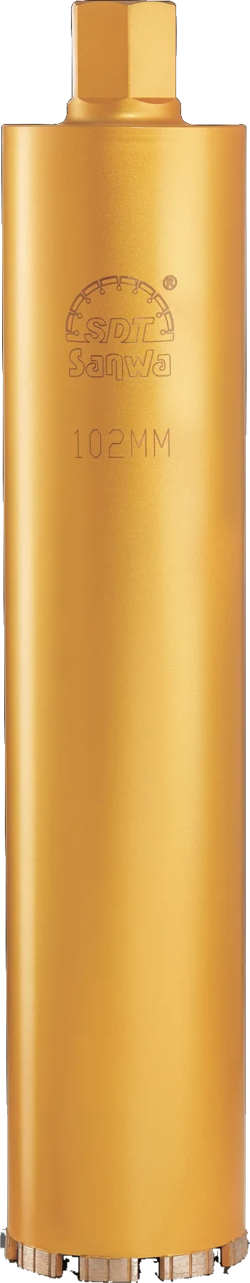 Sanwa 102 mm dry diamond core bit, gold, standing upright.