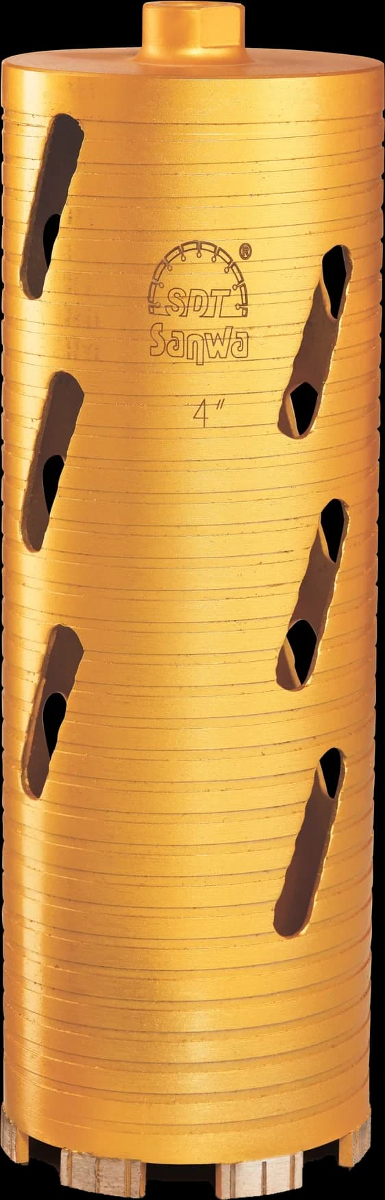 Sanwa 4-inch diamond core bit, gold, standing upright.