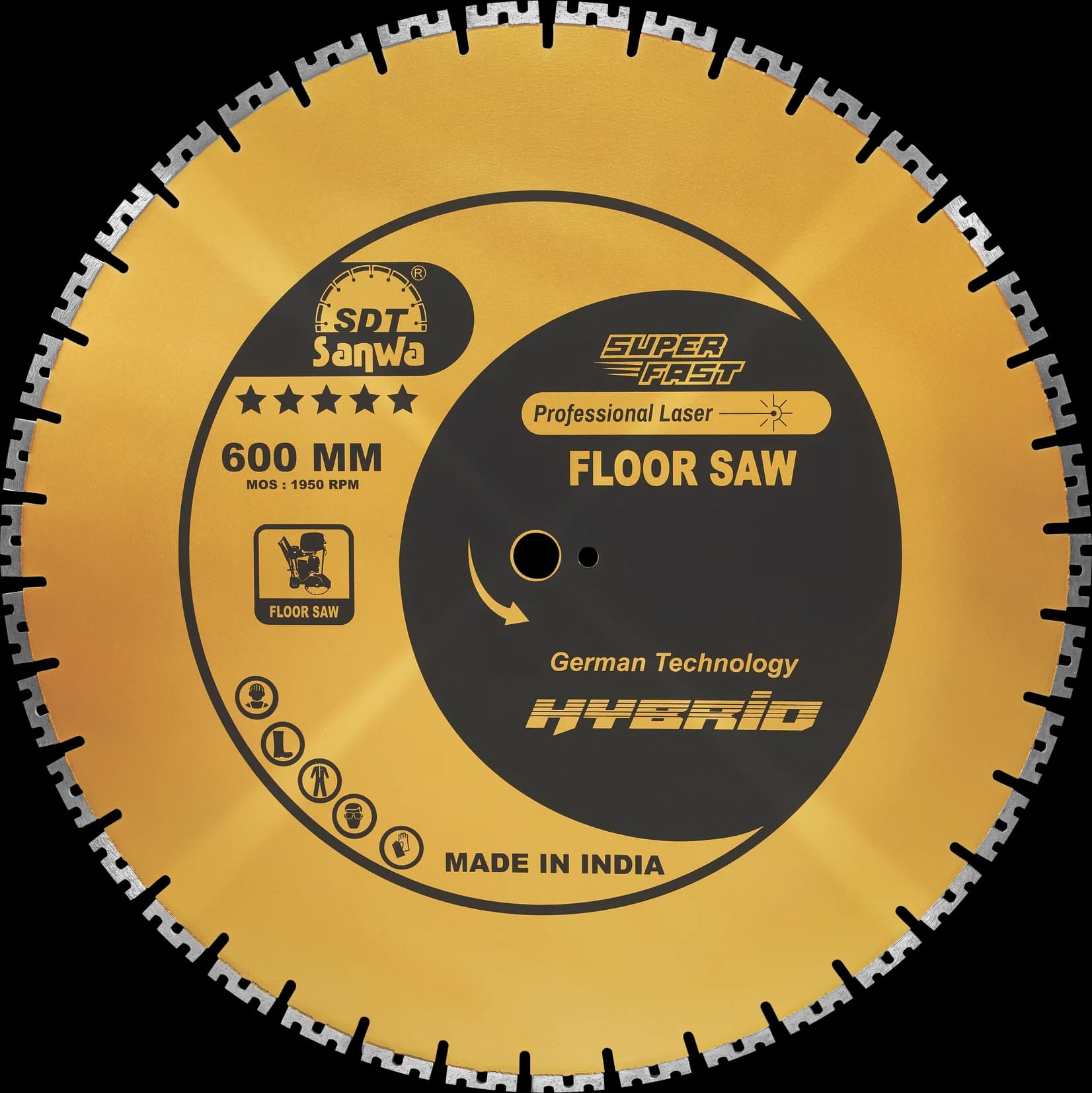 Sanwa 600 mm Floor Saw diamond blade, gold with a black label.